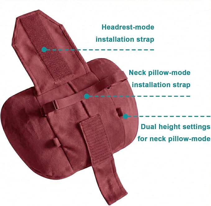 2PCS Car Pillow for Car Neck Pillow for Driving Seat Leather Neck Support Soft Cushion Back Support Head-Rests for Vehicle Sleeping with Elastic Adjustment Strap (Red, Head and Lumbar)
