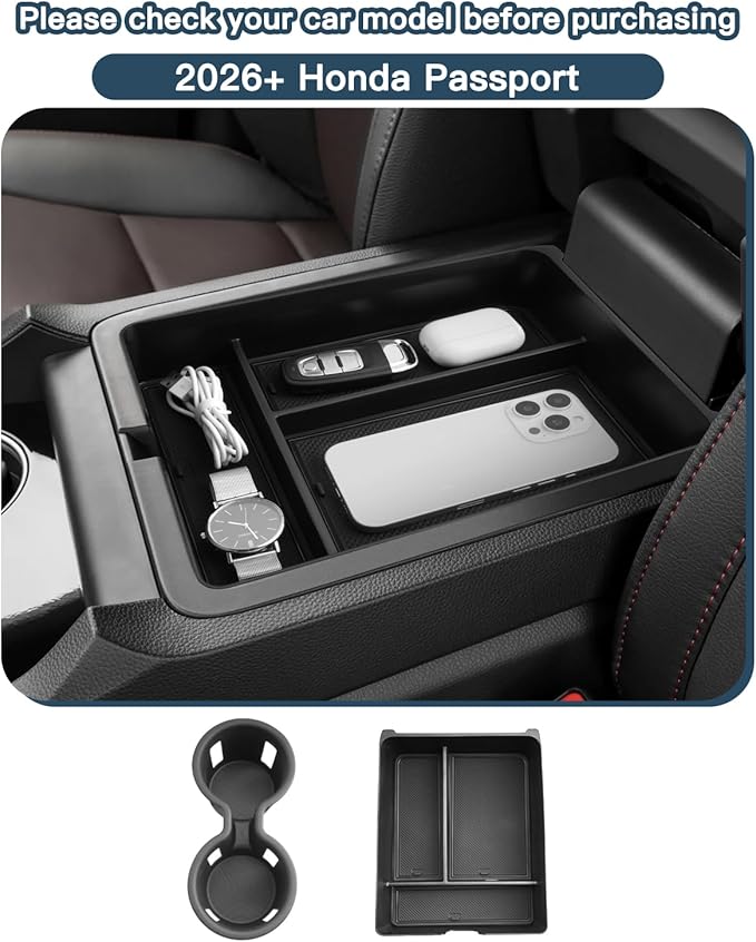 Ruiya 2026 Passport Console Organizer,for 2026 Honda Passport Accessories Cup Holder & Armrest Console Organizer Compatible with 2026 Honda Passport RTL/TrailSport/TrailSport Elite(2 Packs)