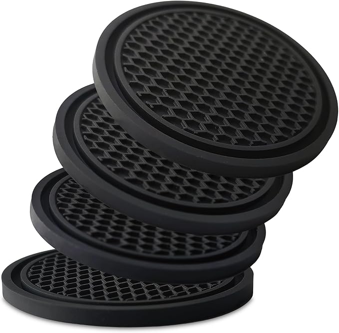KULOLO Car Cup Holder Coaster 4 Pack - Non Slip & Shockproof,Flexible PVC Rubber Insert for Car/Truck/SUV/Van (2.75"x0.2") Universal Fit Auto Cup Holders Accessories for Women and Man (Black)