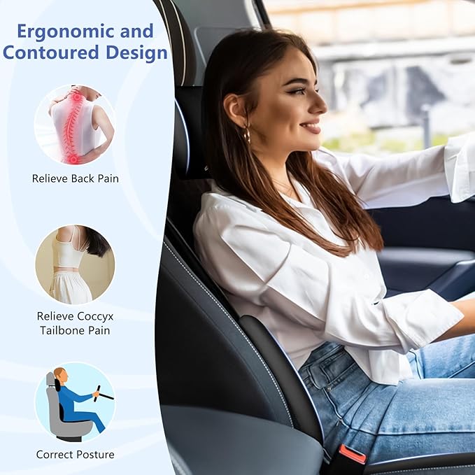 GEEYONTEK Car Seat Cushion with Neck Pillow & Lumbar Support Kit Back Sciatica Tailbone Pain Relief Car Pillows Ergonomic Memory Foam Back Support for Driving Seat Office Chair Wheelchair Black