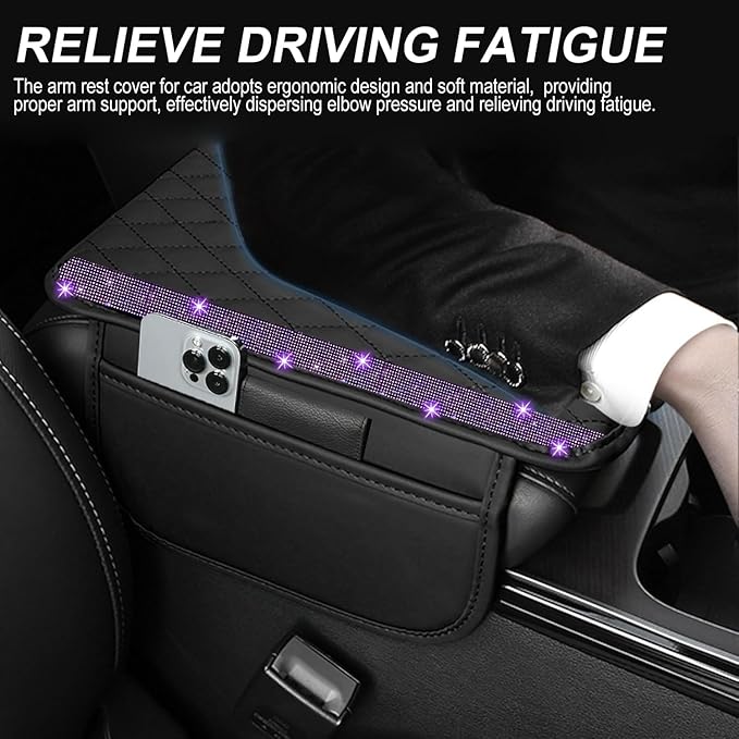 NBTEPEM Bling Car Center Console Cover, Leather Car Arm Rest Cover Cushion with 2 Storage Bags, Universal Auto Armrest Protector Storage Box, Bling Accessories Interior for Most Vehicles (Purple)