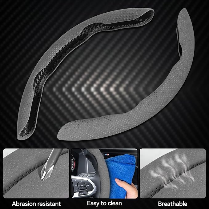 PAUUOOA 2 Piece Alcantara Steering Wheel Cover - Split Sport Design for D & O Shape Wheels, Soft Touch · Anti-Slip Grip · All Season Comfort · Durable Luxury Material for Performance Cars