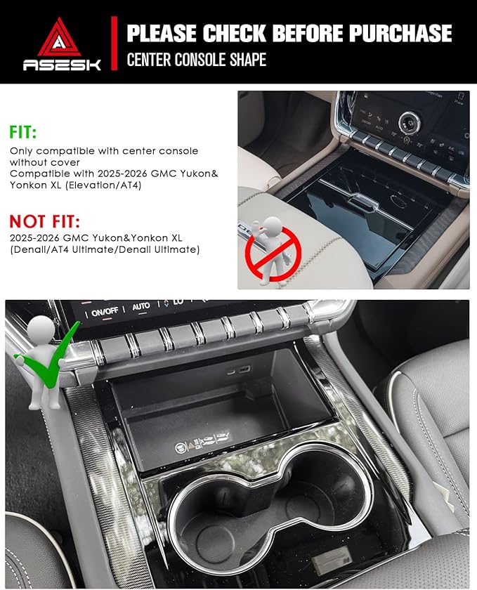 For 2025~2026 GMC Yukon (Elevation/AT4) - Only Compatible with Console Without Cover 2Pcs Center Console Organizer Tray ABS Materials& TPE Wirless Mats Storage Box