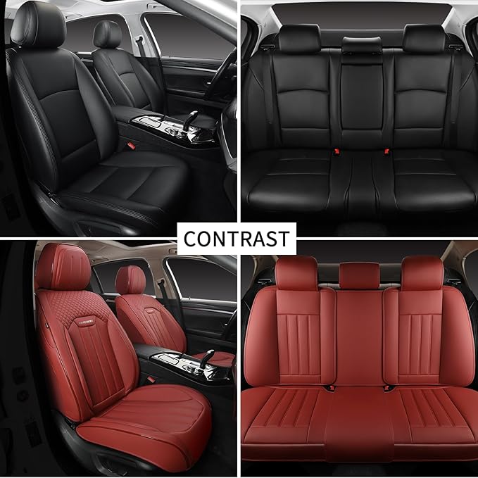 COVER EMPIRE Red Car Seat Covers Full Set, Universal Leather Seat Cover for Cars 5 Seats, Waterproof and Breathable Automotive Seat Cover Front and Rear Seat Covers for Most Trucks, Sedans, SUVs