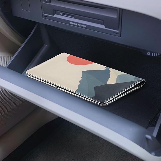 Qilmy Simple Sun Mountain Car Registration and Insurance Holder PU Leather Vehicle Document Wallet Glove Box Organizer with Clear PVC Card Slots for Driver License ID Cards