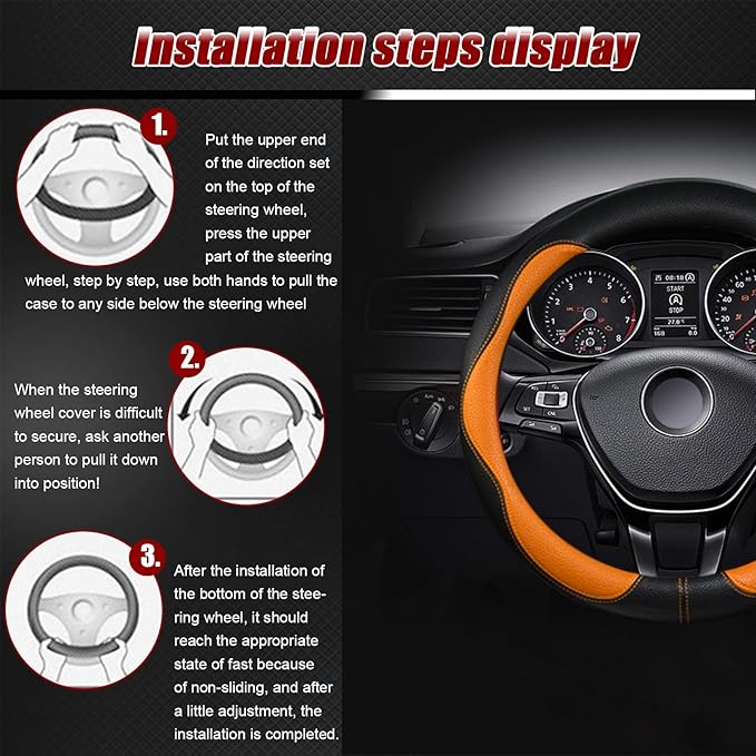 Steering Wheel Cover, Anti Slip Breathable Comfort PU Imitation Leather Cute Car Accessories for Women Girl, Universal Protector in All Season 15 inch Fit Most Car(Orange)