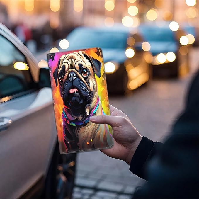 Car Document Holder with Magnetic Shut, Car Registration & Insurance Card Holder, Waterproof PU Leather Glove Box Organizer Vehicle Accessories Driver License for Women/Men, Pug Dog Pattern
