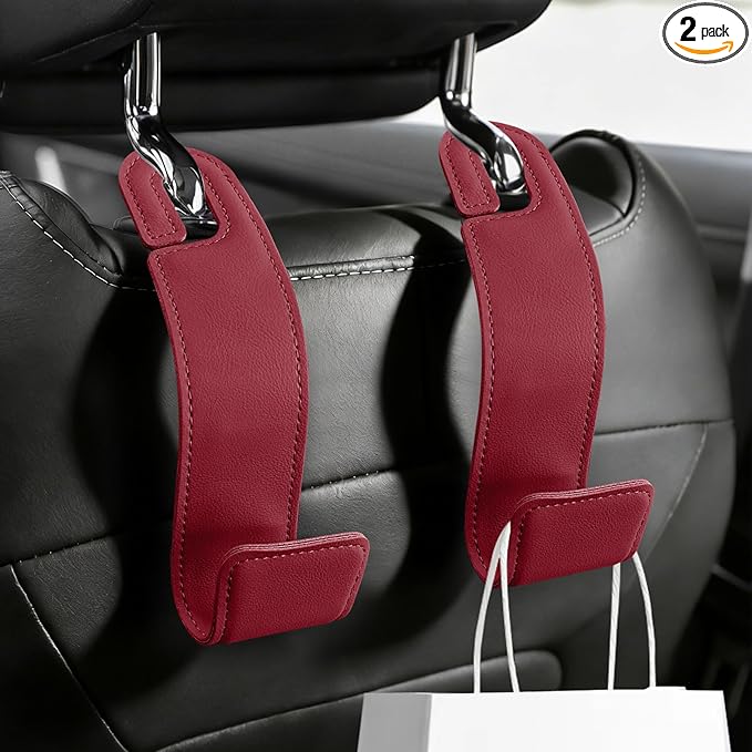 2PCS Purse Holder for Car, Purse Hook for Car, Leather Headrest Hooks for Automotive Back Seat, Auto Accessories Back Seat Organizer Hook for Grocery Bag Handbag Coat (Red, 2PCS)