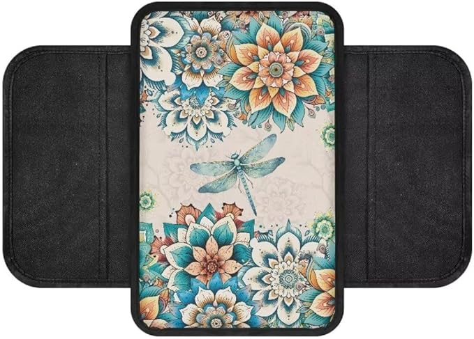 Boatee Flower Dragonfly Car Center Console Cover Auto Arm Rest Mat for Car Armrest Organizer for Car Console Cushion Comfortable Console Cover Universal Armrest Box Pad Interior Decor White