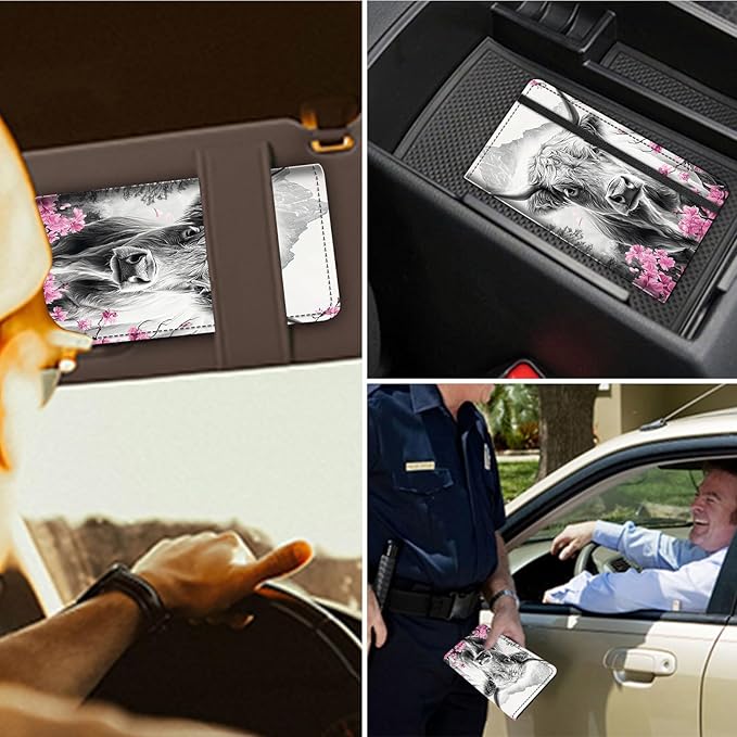 RAUEDWDJS Car Registration and Insurance Holder,Leather Vehicle Glove Box Organizer Wallet Case for Driver's License,ID Key Information Cards-Cherry Blossom Highland Cow