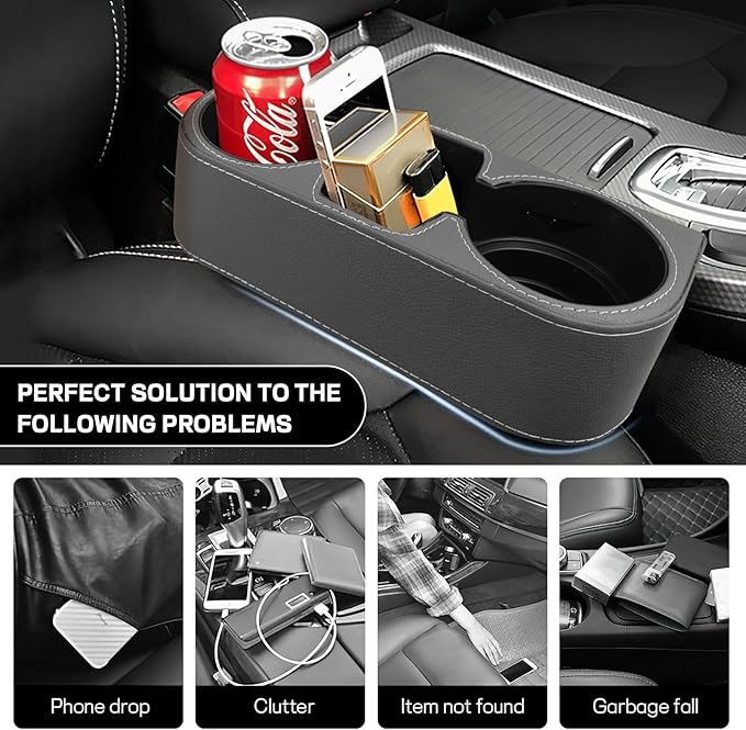 Car Cup Holder, Multifunctional Auto Drink Holder Gap Filler Storage Box, Leather Car Seat Organizer with Cup Holder, Universal Vehicle Front Seat Organizer for Bottle Phone (Gray)