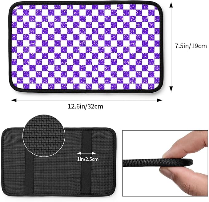 Glitter Purple White Checkered Chessboard Flag Car Armrest Pad Cute Cars Center Console Cover Auto Handrail Box Cushion Armrests Cover