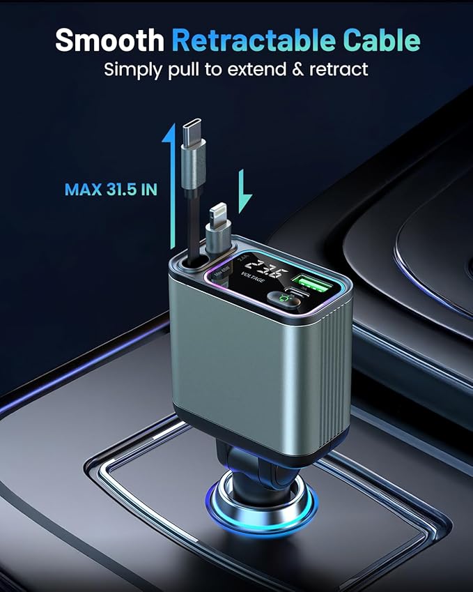 4 in 1 Retractable Car Charger with RGB Light, 92W Fast Charging USB C Car Adapter, Compact Car Phone Charger for iPhone/Galaxy/Pixel, Car Accessories for Women Men (Lightning + Type C Cable)