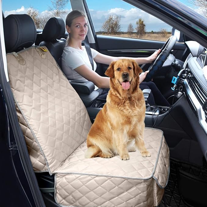 Bark Lover Deluxe Dog Seat Cover for Front Seat-More Durable Waterproof Front Seat Protector, High Heat Resistant and Nonslip Front Seat Cover for Dogs Kids, Universal Size (Beige)
