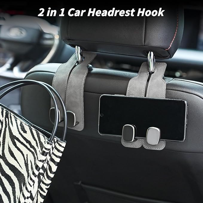 Premium PU Leather Car Seat Headrest Hooks, Backseat Hangers for Bags, Purses, Coats, Gray, 2 Pairs