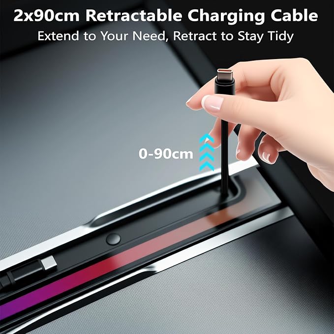 Vellhezy USB Hub for Tesla Model Y Juniper 2025-2026 & Model 3 Highland 2024-2025 Accessories, 120W USB-C Fast Charging with Retractable Cables, 2-Port Built in RGB Ambient Light fit Center Console