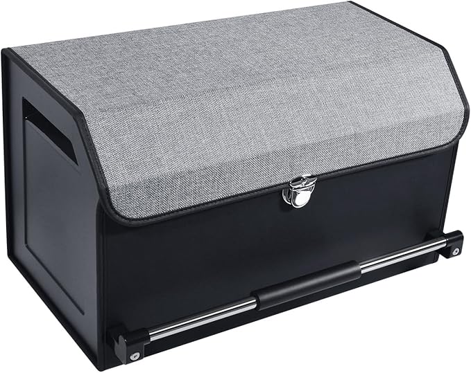 XCF Car Trunk Organizer, Leather Trunk Organizer with Push-pull Handle and Lid Car Trunk Storage Organizer for SUV, Minivan, Truck (Grey, 20.47 x 11.42 x 12.2in)