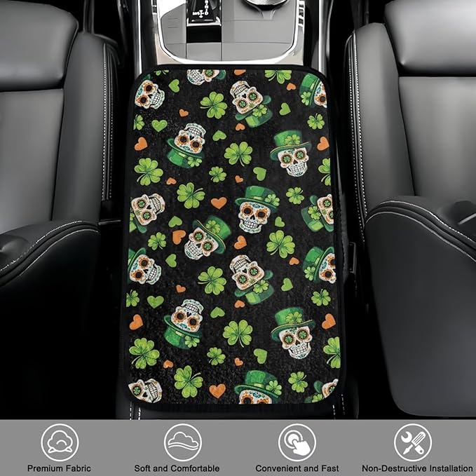 Bulopur St. Patrick's Skull Car Center Console Cover Protector Arm Rest Car Flannel Comfortable Auto Armrest Console Accessories Universal Fit Most Cars Women Men