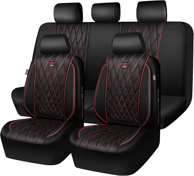 CAR PASS Piping Luxury Leather Seat Covers Full Set,5 Seats Anti-Slip Waterproof Seat Covers Compatible with Front Armrests,Universal Fit for Sendan SUV Van Truck,Airbag Compatible,Black and Red