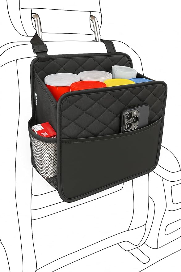 Upgrade Car Seat Organizer Backseat with Storage Pockets, Multipurpose Car Organizer Hanging, Car Trash Bag Can,Premium PU Leather Garbage Can 2.14 Gallon Large Capacity, Black.