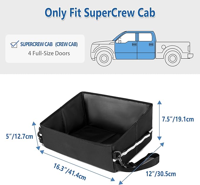 Under Seat Storage Fit for SuperCrew Cab, Foldable Truck Organizers and Storage Box Under Rear Seat For Single Seat with Removable Bottom Plate, 2 Side Handles and Hook Snap Fix Strap, Black