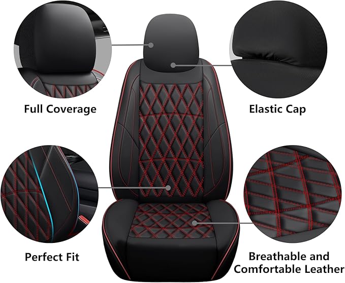 NS YOLO Leather Car Seat Covers,Universal Fit for Most Cars,SUVs and Sedans,Waterproof Luxury Leatherette Cushions, 2 Seats Protectors (Black and Red, Front Pair-2 Seats(Driver and Passenger))