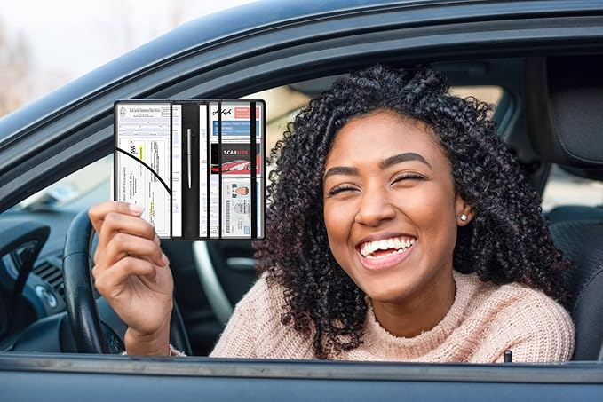 Car Registration and Insurance Holder Vehicle Glove Box Organizer Leather Car Document Holder for Driver's License, ID, Key Information Cards with Elastic Band Closure, Black