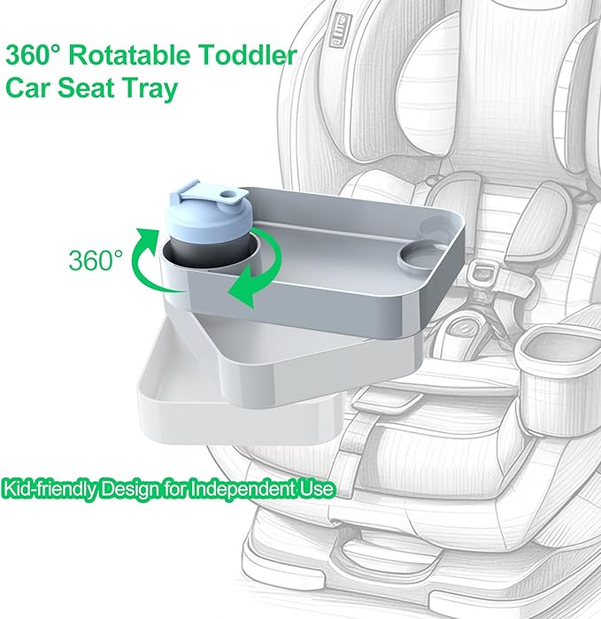 Car Seat Tray for Kids Travel, Carseat Tray for Food Toddler, Car Seat Table Tray, Car Seat Cup Holder Snack Tray for Graco, Evenflo, Chicco, Rotatable Removable Family Road Trip Essentials (Gray)