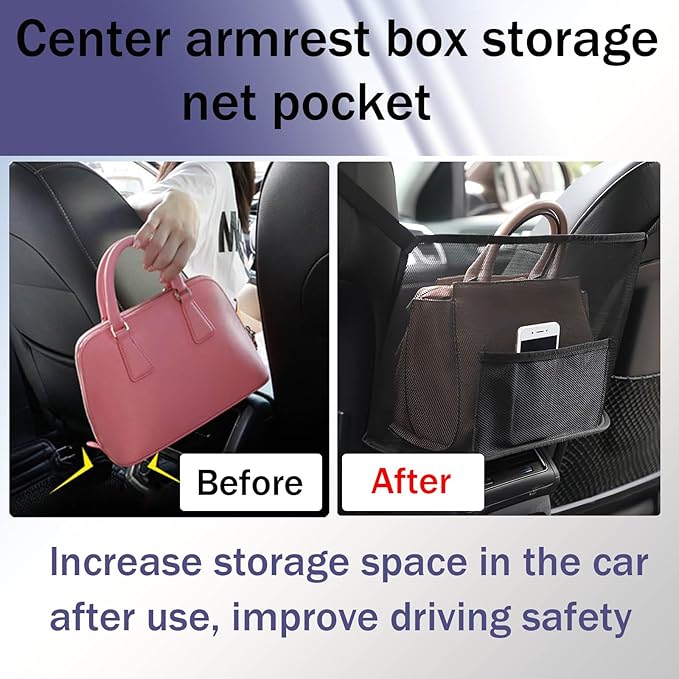Car Net Pocket Handbag Holder, Organizer Mesh Bag Between Seats, Driver Storage Netting Pouch for Handbag Purse, Universal Accessory for Women and Men, Pet/Kids Car Barrier (Black)