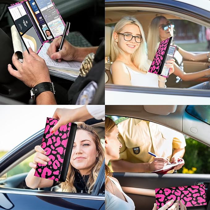 FinestHouse Car Registration and Insurance Holder with Magnetic Closure, Universal Document Organizer for License, Insurance Cards & Glove Box Storage (Leopard-Glitter Hot Pink)
