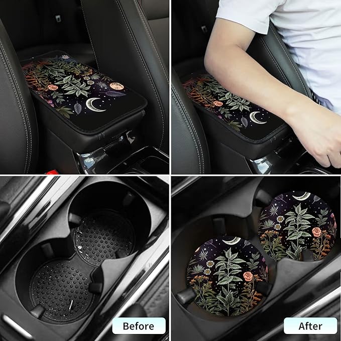 Car Armrest Cover Center Console Covers for Cars, Universal Waterproof Auto Arm Rest Covering Car Middle Console Armrest Seat Box Cover Protector +Car Coaster-Flowers Plants Moon Night