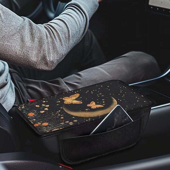 Dreaweet Moon Butterfly Floral Armrest Cover for Car Non Slip Car Center Console Cover Comfortable Auto Armrest Pad Cushion Protector Mat Suitable for Truck SUV