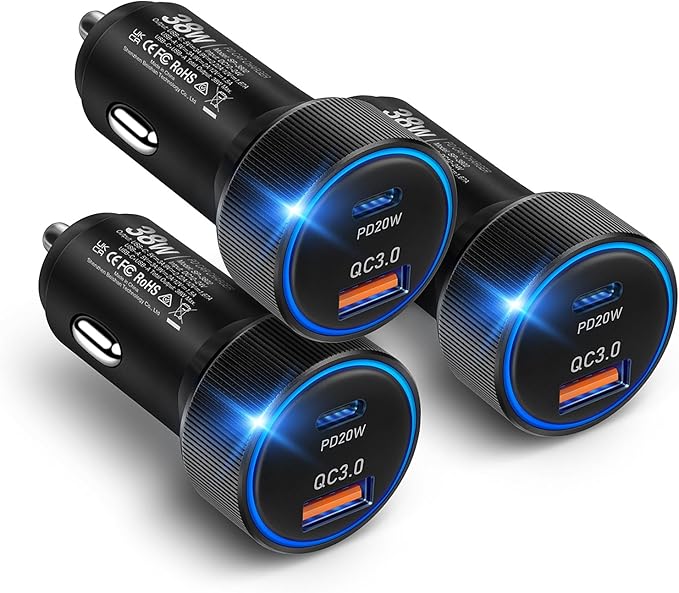 38W USB C Car Charger Fast Charging, 3Pack Cigarette Lighter Adapter, Car Phone Charger, Boxeroo Multi Port PD/QC 3.0 Cargador para Carro, 12v USB Outlet for iPhone 16e/16/15/14/13/12 Pro,Samsung