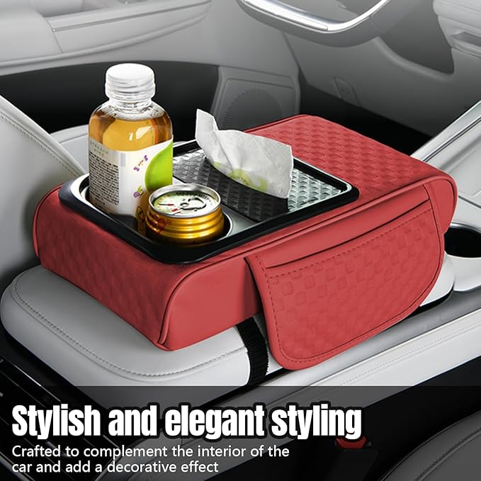 Hovom Car Center Console Armrest Pillow, 13.78"×7.48"×2.76" Leather Arm Rest Cover for Cars, Multifunctional Auto Armrest Cushion Pad with Pocket, Tissue Box & Cup Holder, Car Accessories (Wine Red)