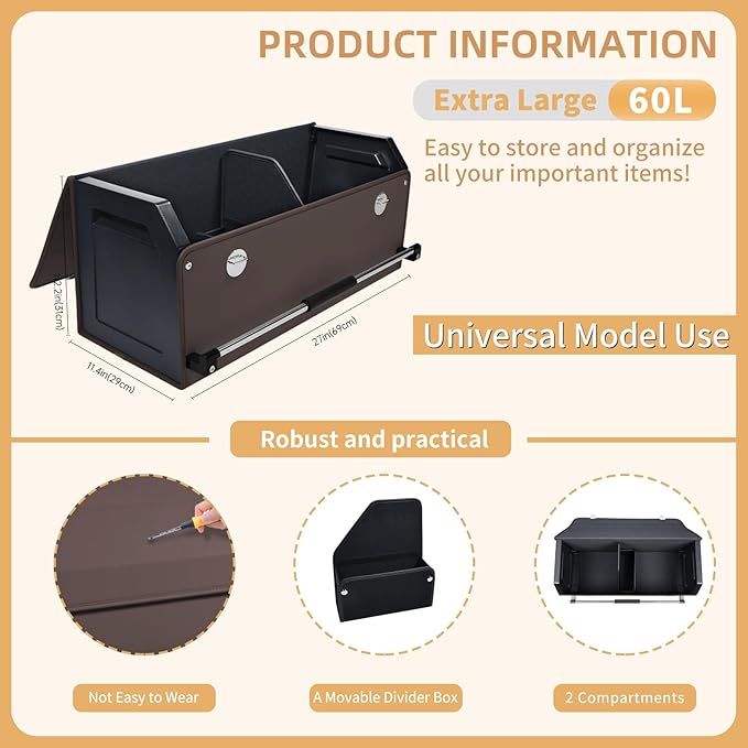 XCF Car Trunk Organizer for SUV Car Trunk Storage Organizer with Lid and Sturdy Handle Collapsible Trunk Organizer for Truck, Sedan, Van (Brown, 27.1 x 11.4 x 12.2in)