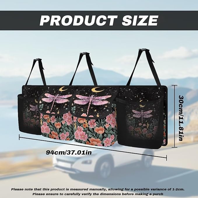 Car Trunk Organizer, Large Capacity Auto Backseat Hanging Organizer, Thick Backseat Storage Bag with 2 Pockets, 2 Mesh Pockets, Car Trunk Tidy Storage Bag with Lids,Dragonfly