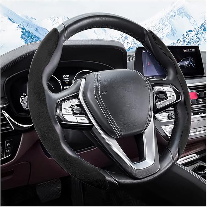 Car Steering Wheel Cover, Microfiber Suede Leather and Carbon Fiber Double Sided Design, Warm in Winter and Cool in Summer, Breathable Non Slip Segmented Protector for Most Cars (Turn Fur/Black)