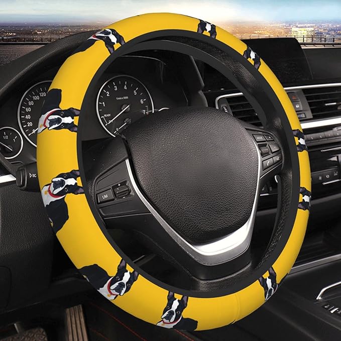 Boston Terrier Print Car Steering Wheel Cover, 15 Inch Steering Wheel Cover Stylish Decor for Most Cars