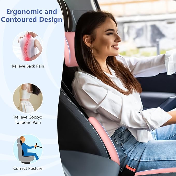 GEEYONTEK Car Seat Cushion with Neck Pillow & Lumbar Support Kit Back Sciatica Tailbone Pain Relief Car Pillows Ergonomic Memory Foam Back Support for Driving Seat Office Chair Wheelchair Pink