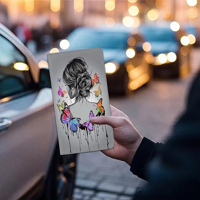 Car Registration and Insurance Card Holder for Women Men, Waterproof PU Leather Glove Box Car Organizer with Magnetic Shut, Vehicle Document Holder for Driver License,Cards, Butterfly Girl Pattern