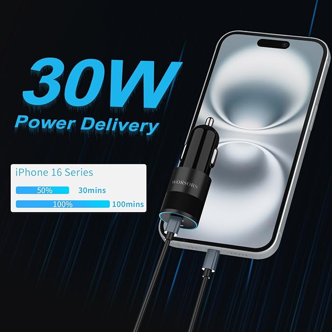 60W Fast USB C Car Charger, Dual 30W PD 3.0 Charging Ports Cigarette Lighter Adapter for iPhone 17 Pro Max 16 15, iPad, Google Pixel 10 9, Samsung Galaxy S25 S24, Android Phone with 3.3ft Type C Cable
