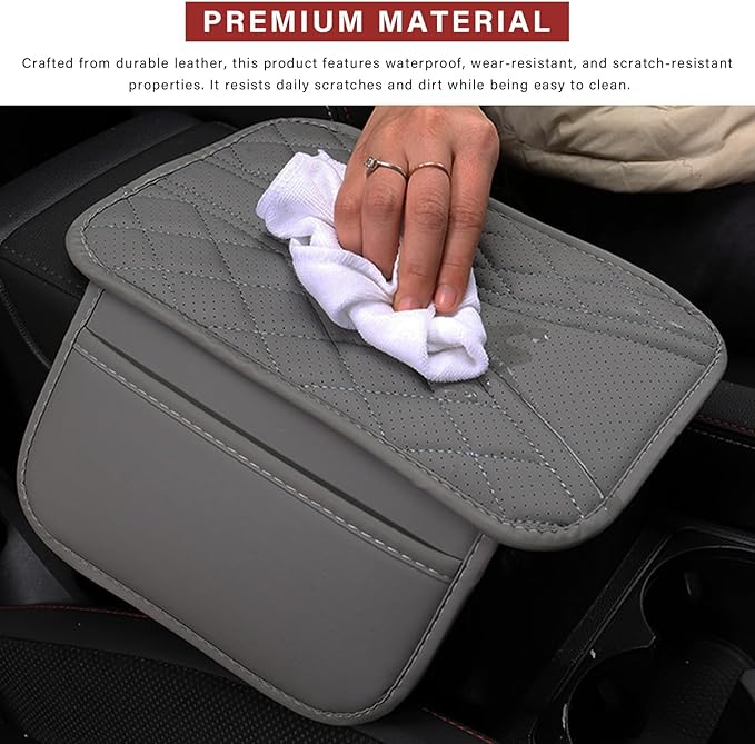 Car Center Console Cover, Leather Auto Armrest Cushion Pad with Two Storage Pockets, Waterproof Arm Rest Box Mat Protective Cover for Sedan SUV Truck, Car Accessories (Beige)
