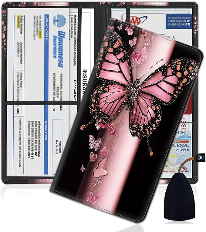 Car Document Holder with Magnetic Shut, Car Registration and Insurance Card Holder, Vehicle Glove Box Organizer Documents, Driver License, Auto Paperwork Organizer Wallet, Pink Butterfly Pattern