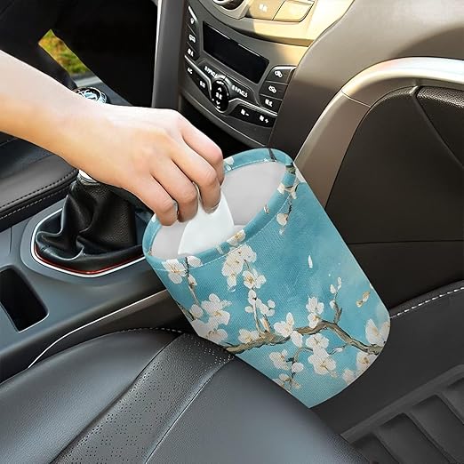 Flower Car Garbage Can Small Trash Can with Leak Proof Inside Liner And Hanging Strap Car Organizer Portable Car Essentials