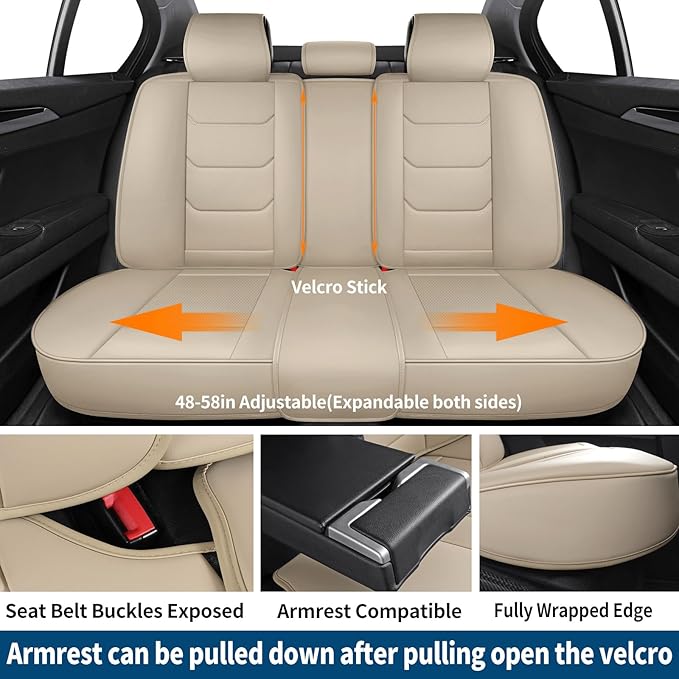hoozoom Leather Car Seat Covers Full Set Breathable Automotive Seat Covers Waterproof Seat Protectors Universal Fit for Most Automotive Cars SUV Trucks(Beige, Full Set)