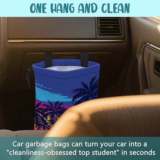 KXWQTRDD Car Garbage Bag Blue Palm Trees Orange Sunset Hanging Canvas Car Trash Bag Waterproof Drawstring Car Back Seat Organizer for Car Back Front Seat Console with Adjustable Buckle