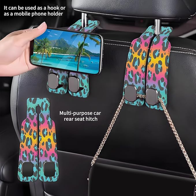 AXBSAKDI Car Seat Back Storage Headrest Hook, Premium Leather Double Metal Hook, Hanger Storage Organizer for Purse Cloth Bag, Car Interior Accessories Colorful Cute Leopard