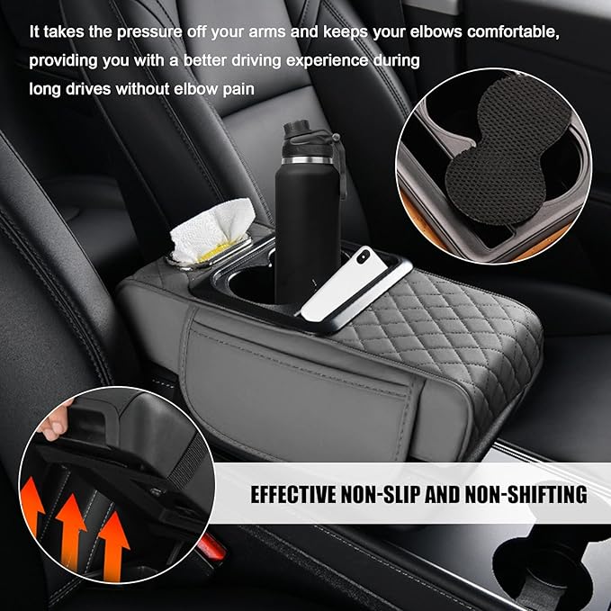 Car Center Console Armrest Pillow, Leather Arm Rest Cover Pad with 2 Storage Pockets Cup Holder & Phone Slot, Soft Middle Console Cushion Protector for Most Vehicles (Gray, Embroidered)