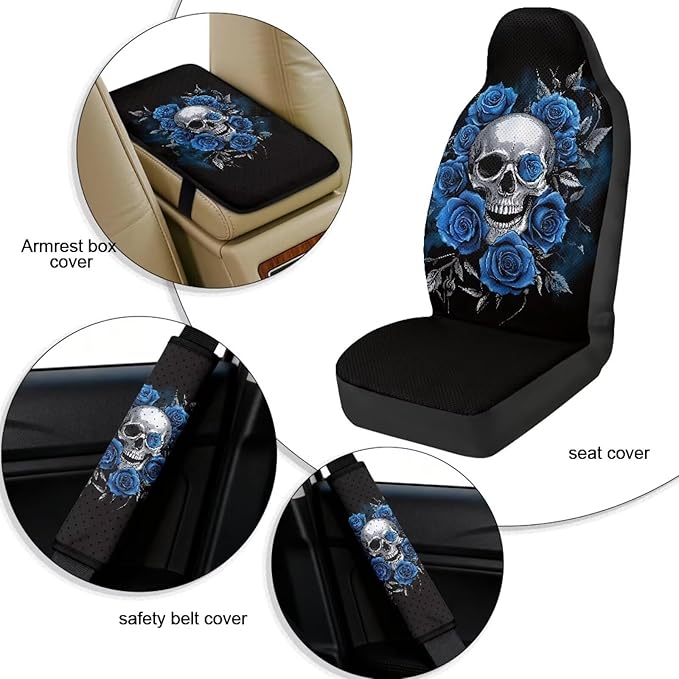 Qeluxign 5 Piece Car Seat Covers Full Set for Men Women Blue Rose Skull PU Leather Front Seats Cover Auto Seatbelt Shoulder Pads Vehicle Center Console Armrest Cover