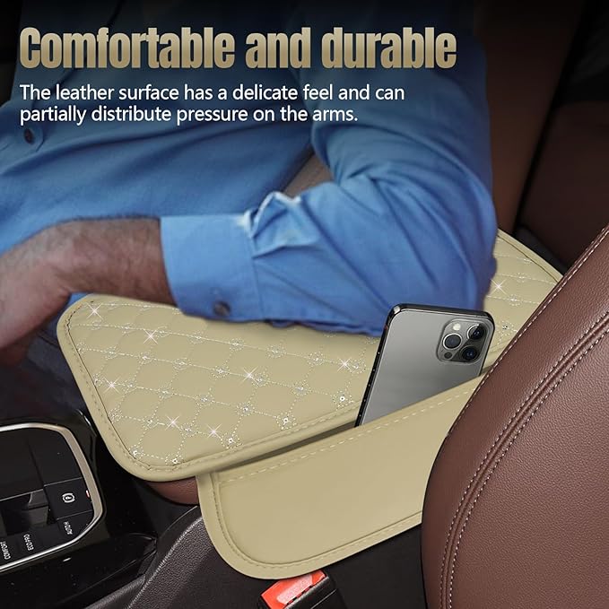 wuyaoyao Bling Car Center Console Cover, 11.81"×7.87" Leather Auto Arm Rest Cover Protector with 2 Storage Bags, Vehicle Crystal Rhinestone Armrest Cushion Pad, Interior Car Accessories (Beige)